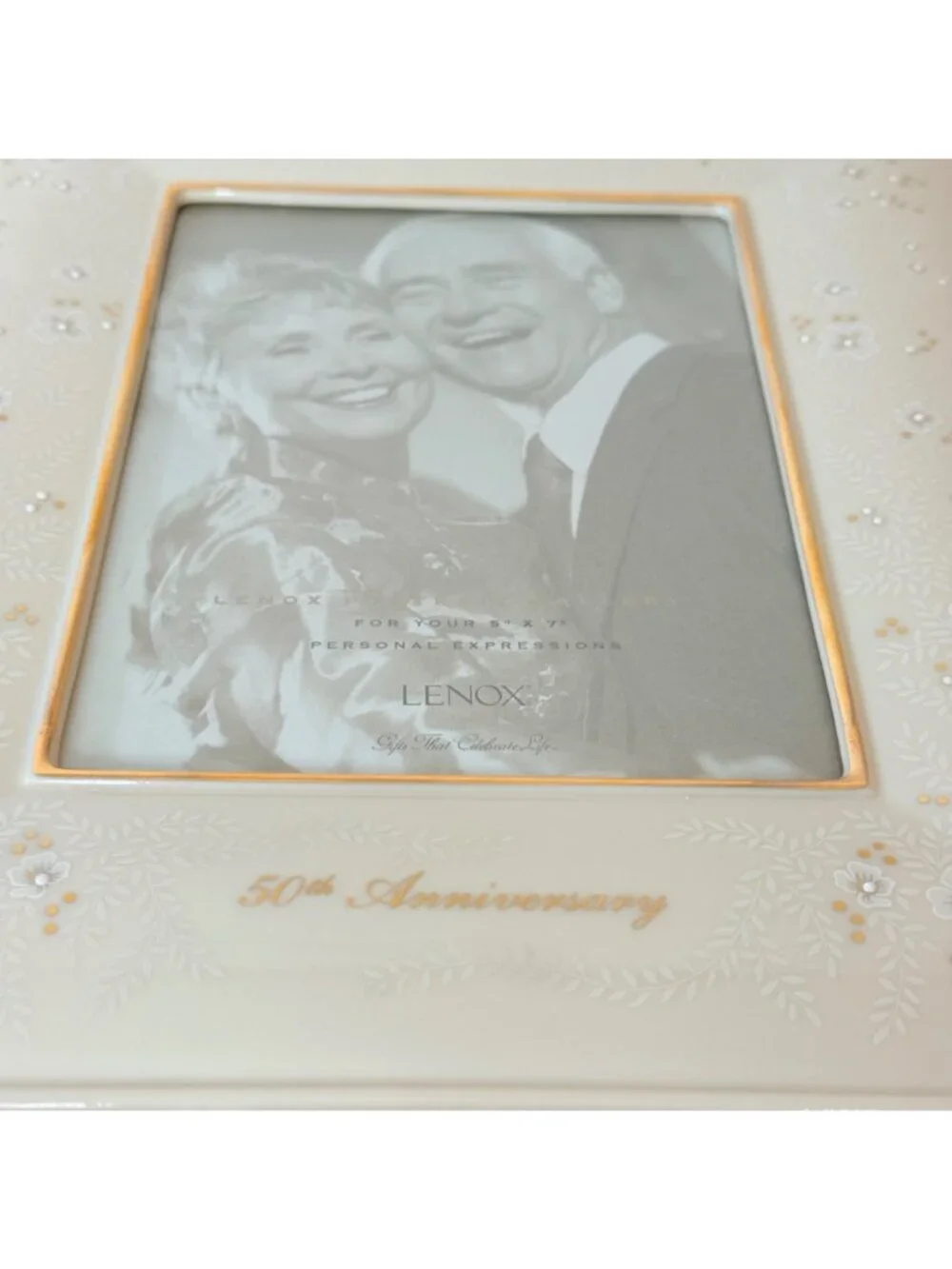 Lenox 50th Anniversary Picture Frame Vtg Ivory Porcelain Keepsake Gold Wedding